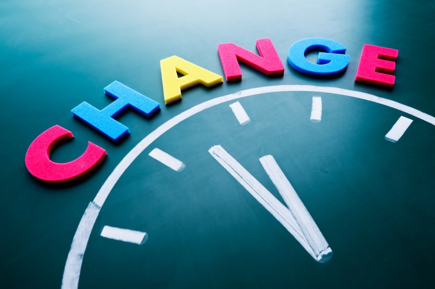 Time to change concept, color word and clock on blackboard